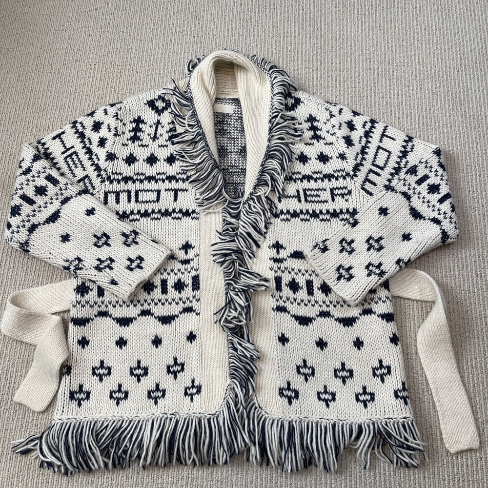 MOTHER The Belted Short Cardigan Alpaca Fair Isle Fringe Ivory Navy Sweater Med